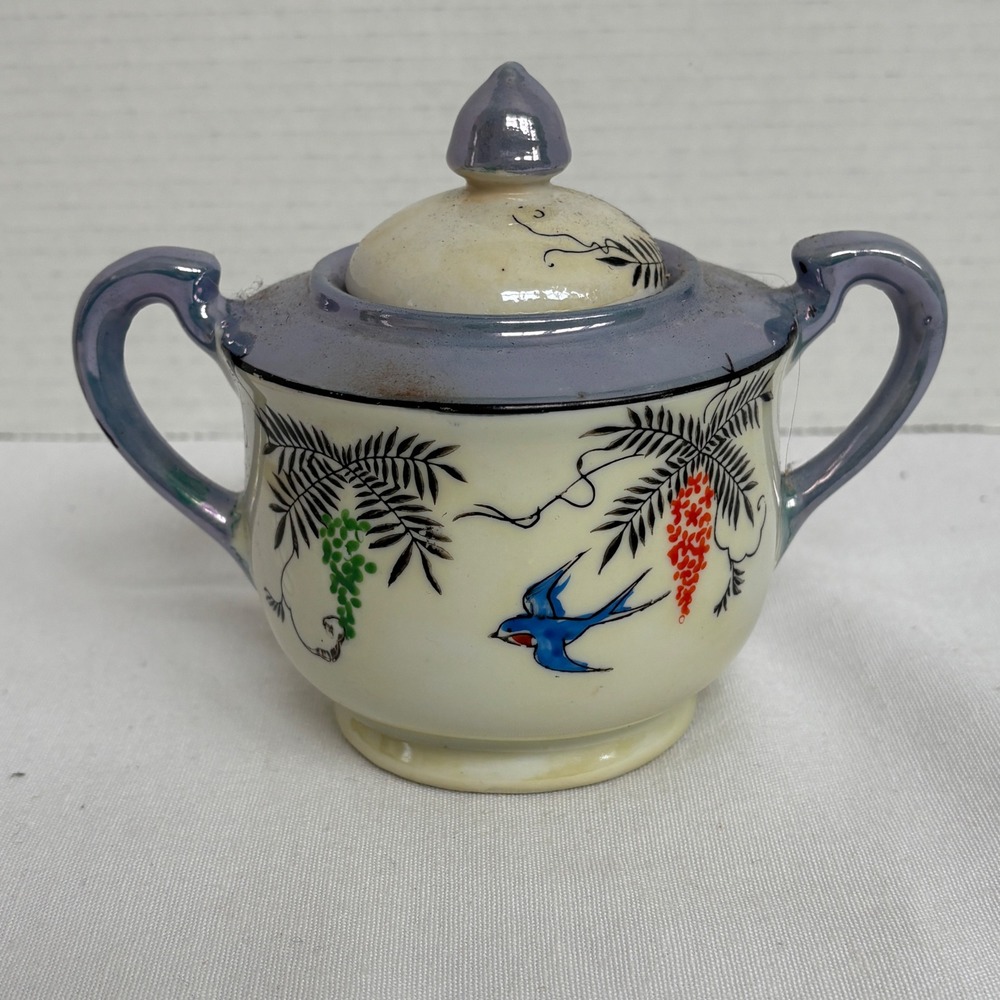 Vintage Japanese Lusterware Sugar Bowl Blue Bird Wisteria Hand Painted Porcelain